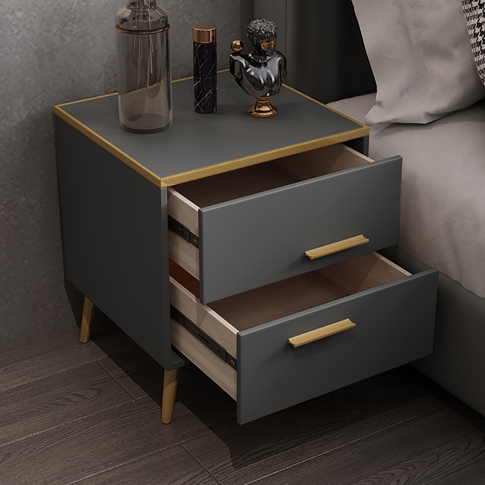 Postmodernism Gray Nightstand PU Leather Upholstered with 2 Drawers in Gold window image