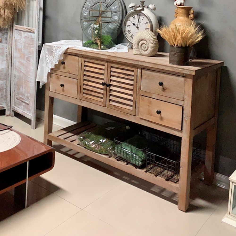 1300mm Sideboard Buffet Distressed Natural Entryway Cabinet with Doors & Drawers & Shelf window image