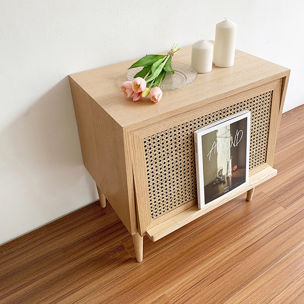 Nordic Natural Nightstand 1-Door Rattan Woven Bedside Table window image
