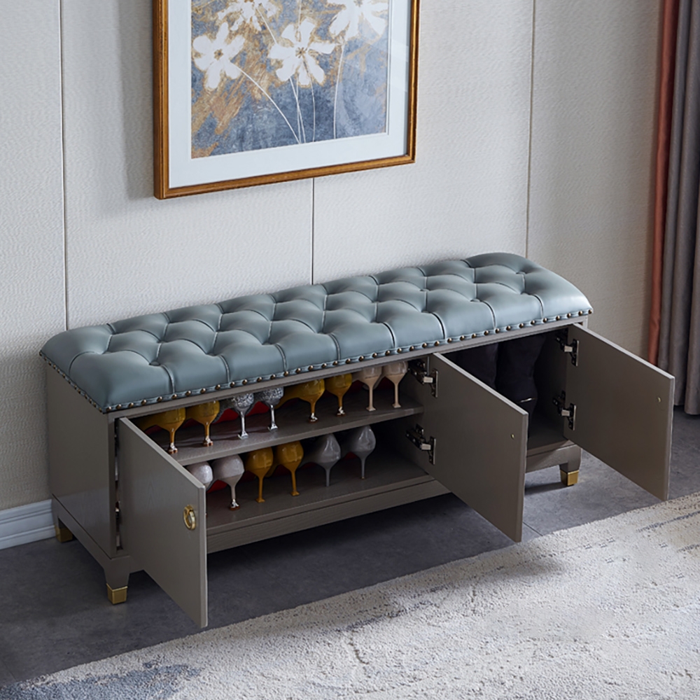 Retro Bench Upholstered Shoe Rack in Blue window image