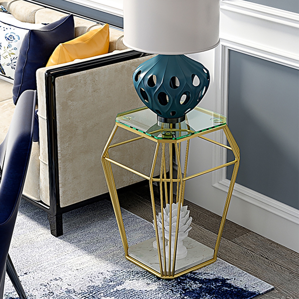 Modern End Table with Tempered Glass Top & Metal Frame in Gold Side Table window image