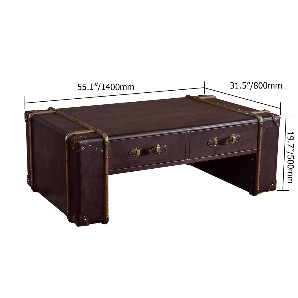 Industrial Retro Coffee Table with Drawers Accent Table with Brown Leather Edging window image