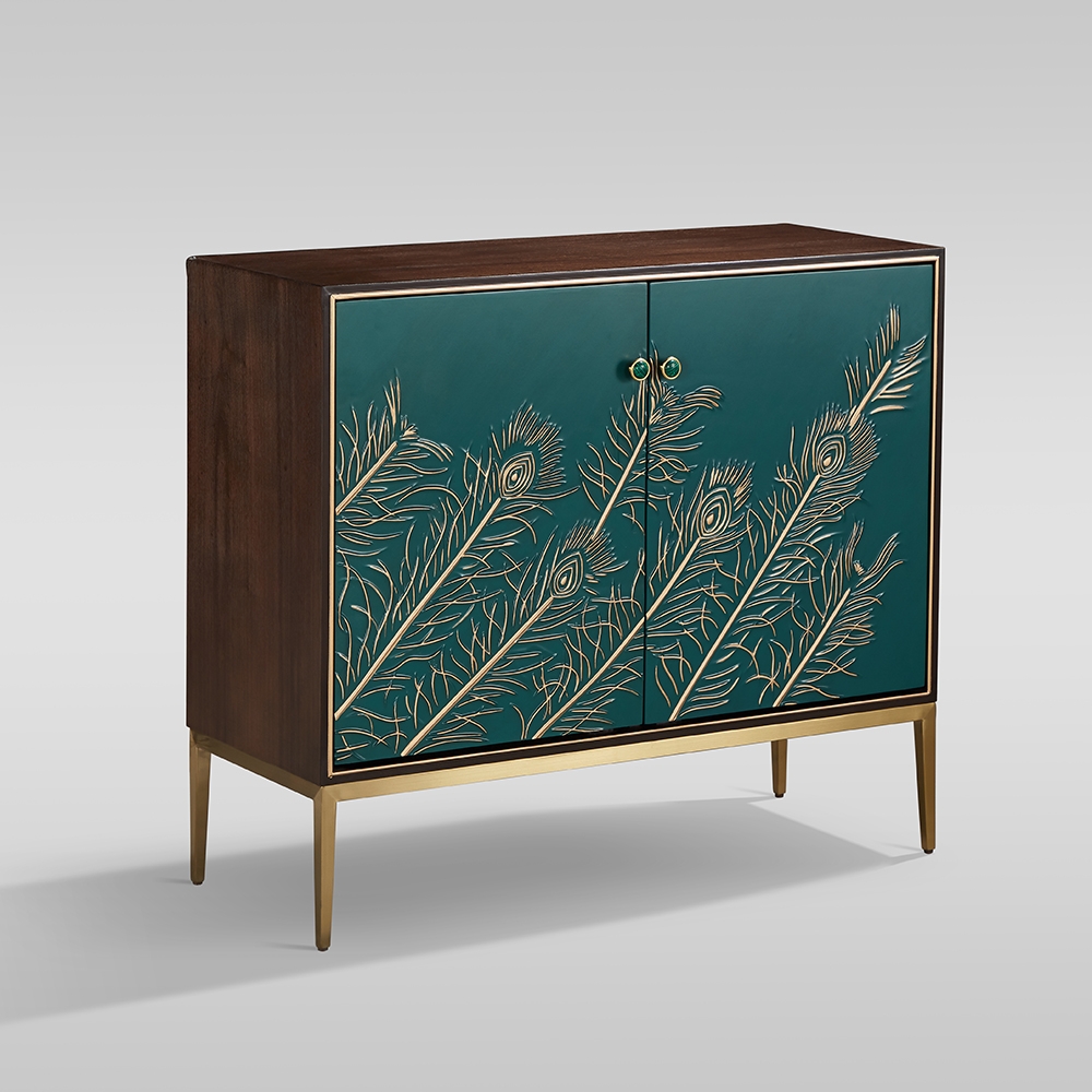 Novelty Green Sideboard Buffet Feather Patterned Cabinet with Shelves & Doors in Small window image