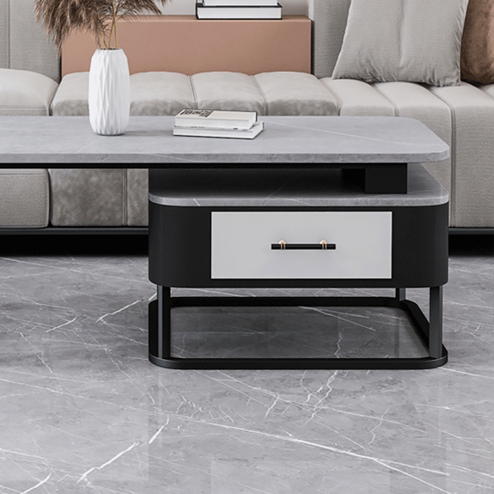 Modern Gray Coffee Table with Drawer Sintered Stone Top & Metal Base window image