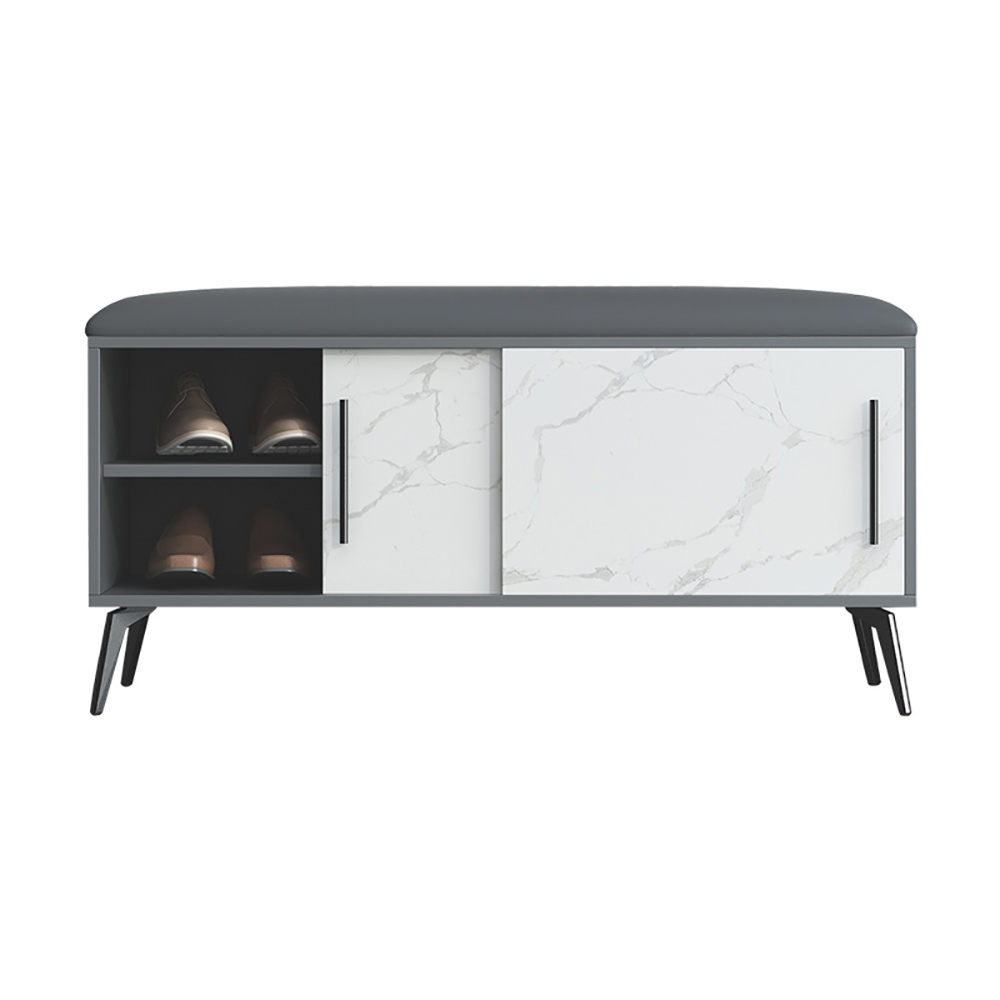 Modern Upholstered Bench with Cabinet in Leather Gray&White window image