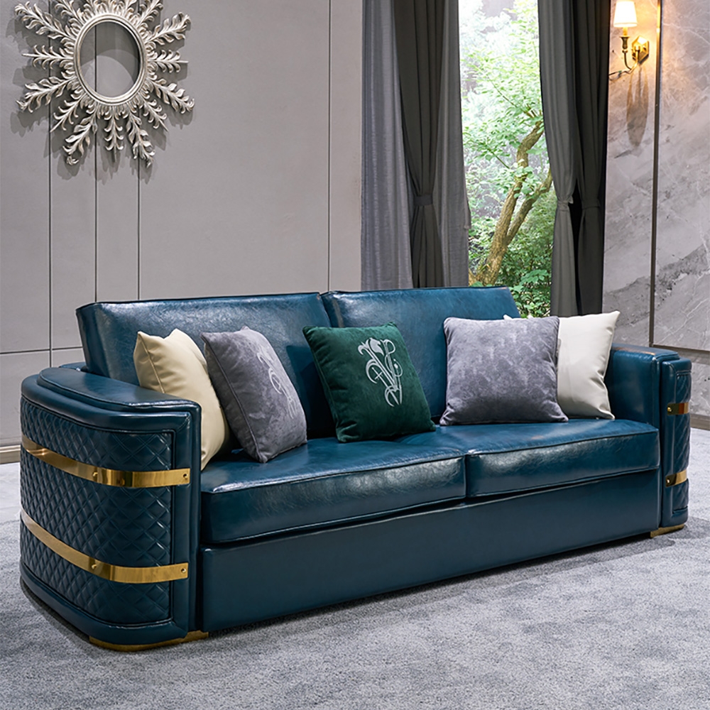 2450mm Retro Upholstered Microfiber Leather Sofa 3-Seater Luxury Sofa with Gold Base window image
