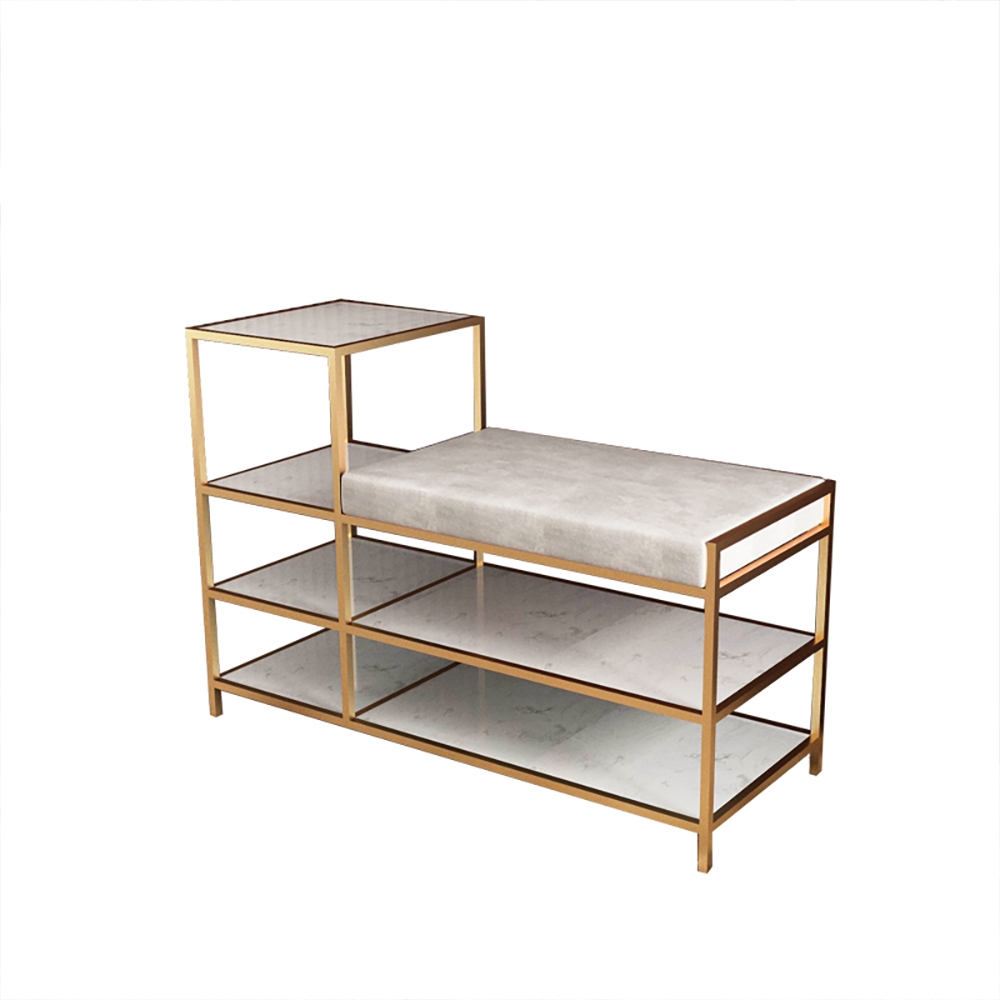 Velvet Upholstered 2-Tier Shoes Storage Stool in Gold Finish Modern Bench window image