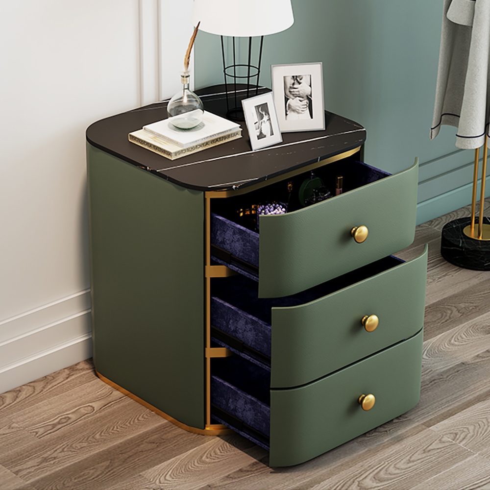 Modern Green Nightstand Black Sintered Stone Top Faux Leather Upholstery with 3 Drawers window image