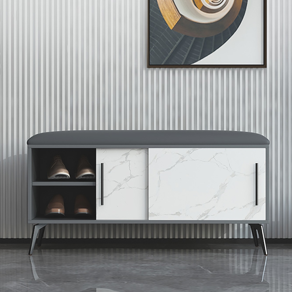 Modern Upholstered Bench with Cabinet in Leather Gray&White window image