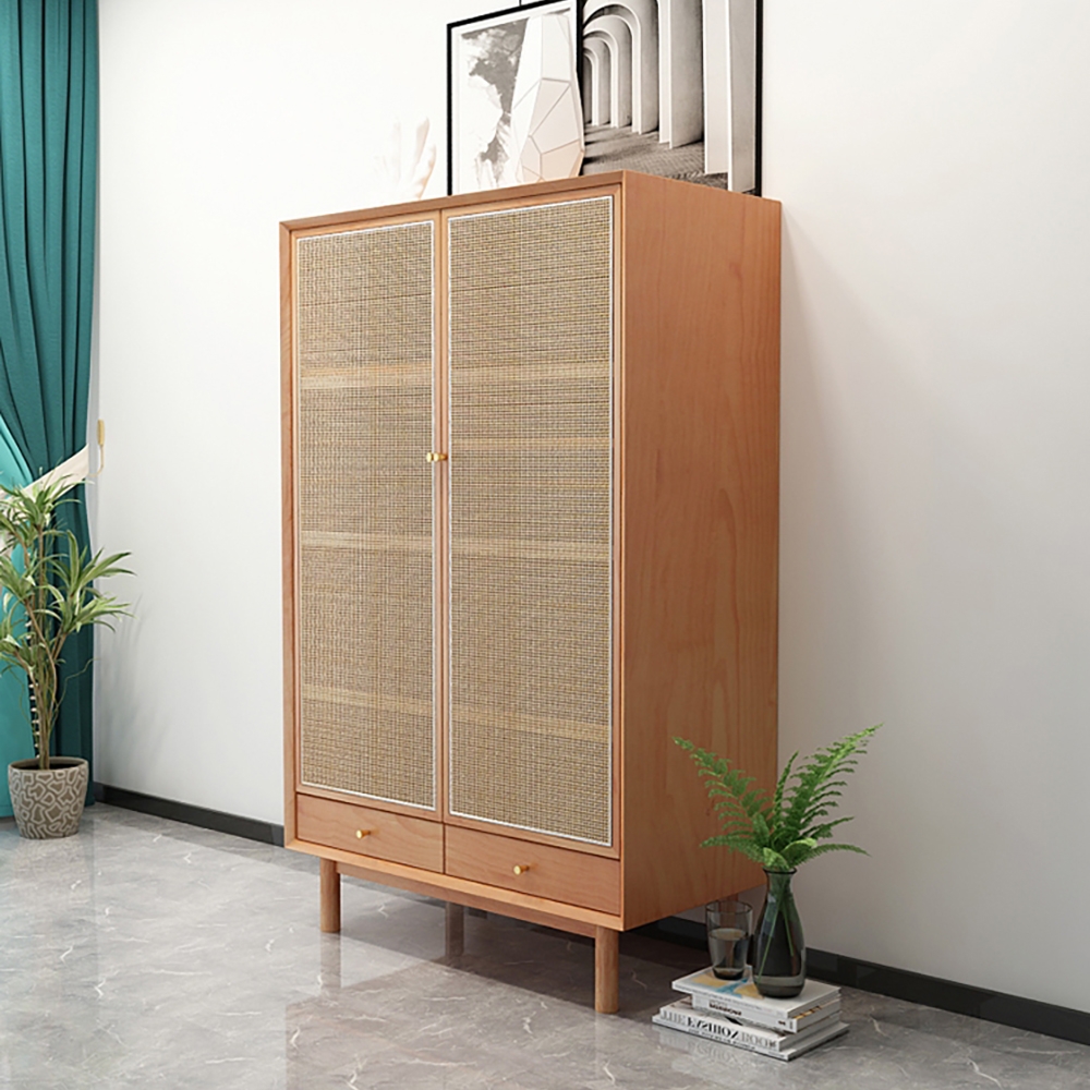 Cottage Natural 2-Door Rattan Woven Closet with Drawers & Shelves window image