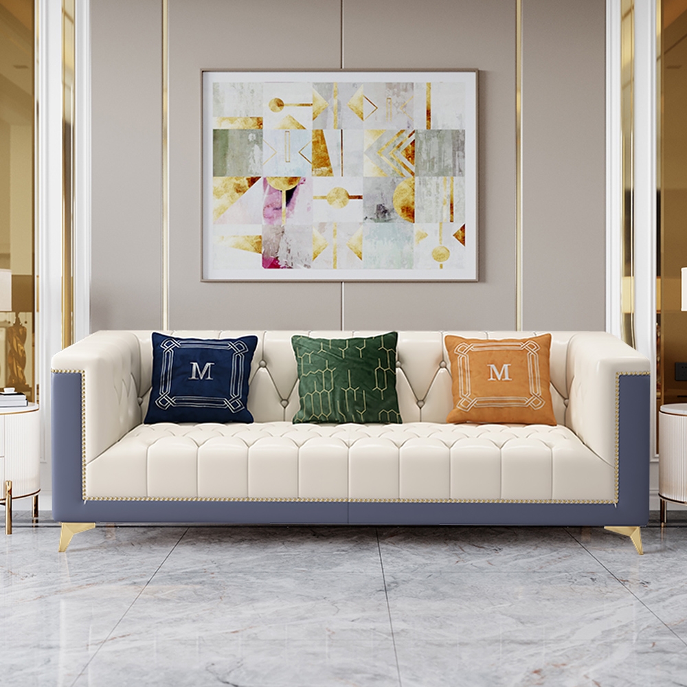 Modern 84.6" Upholstered Sofa Microfiber Leather 3-Seater Sofa Tufted Sofa window image