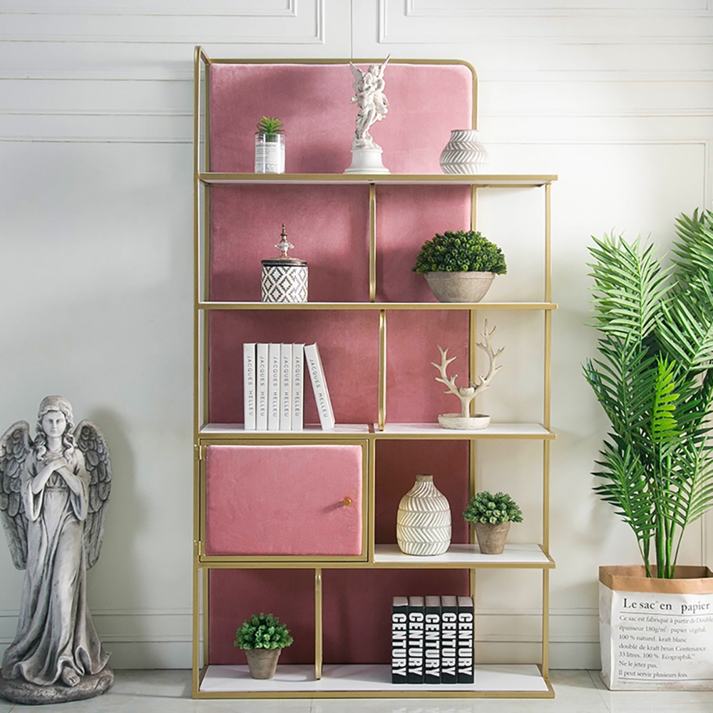 5-Tiers Freestanding Gold Bookshelf with Door in Pink window image