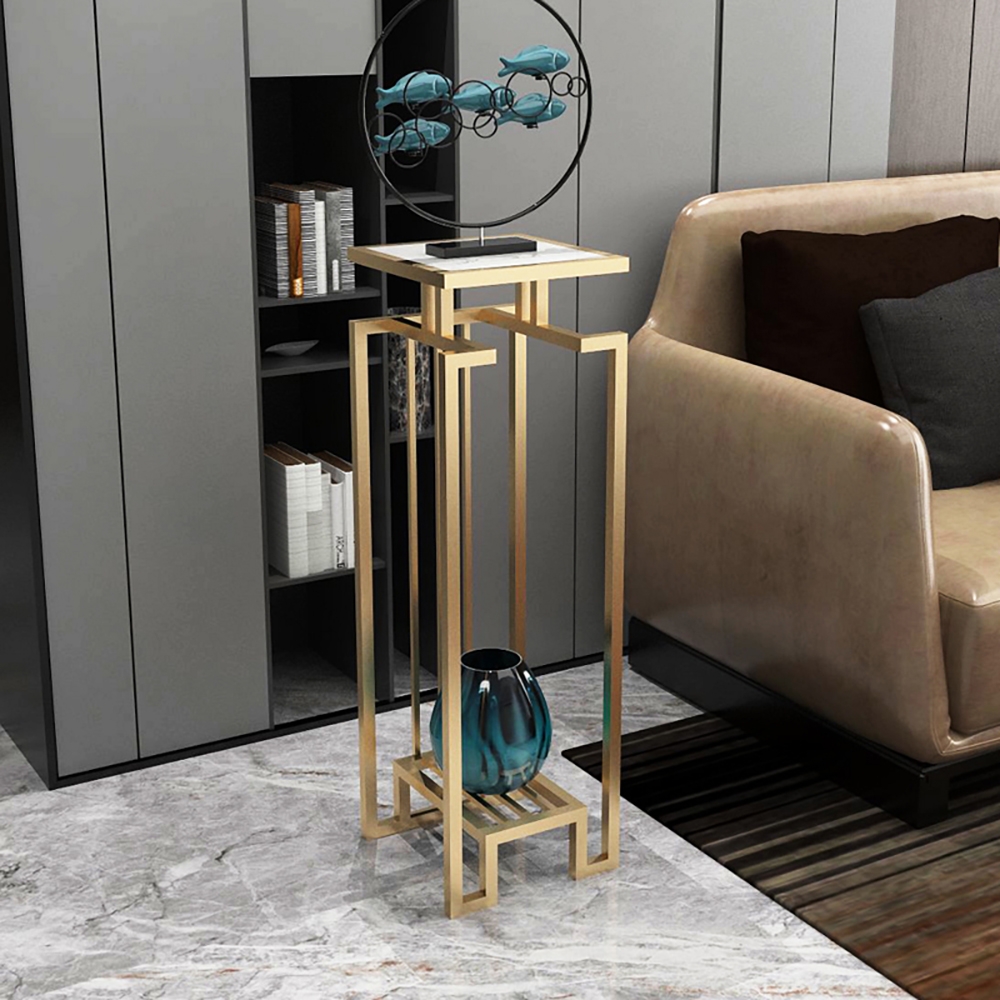 700mm Unique Gold Freestanding Marble Plant Stand with Shelf window image