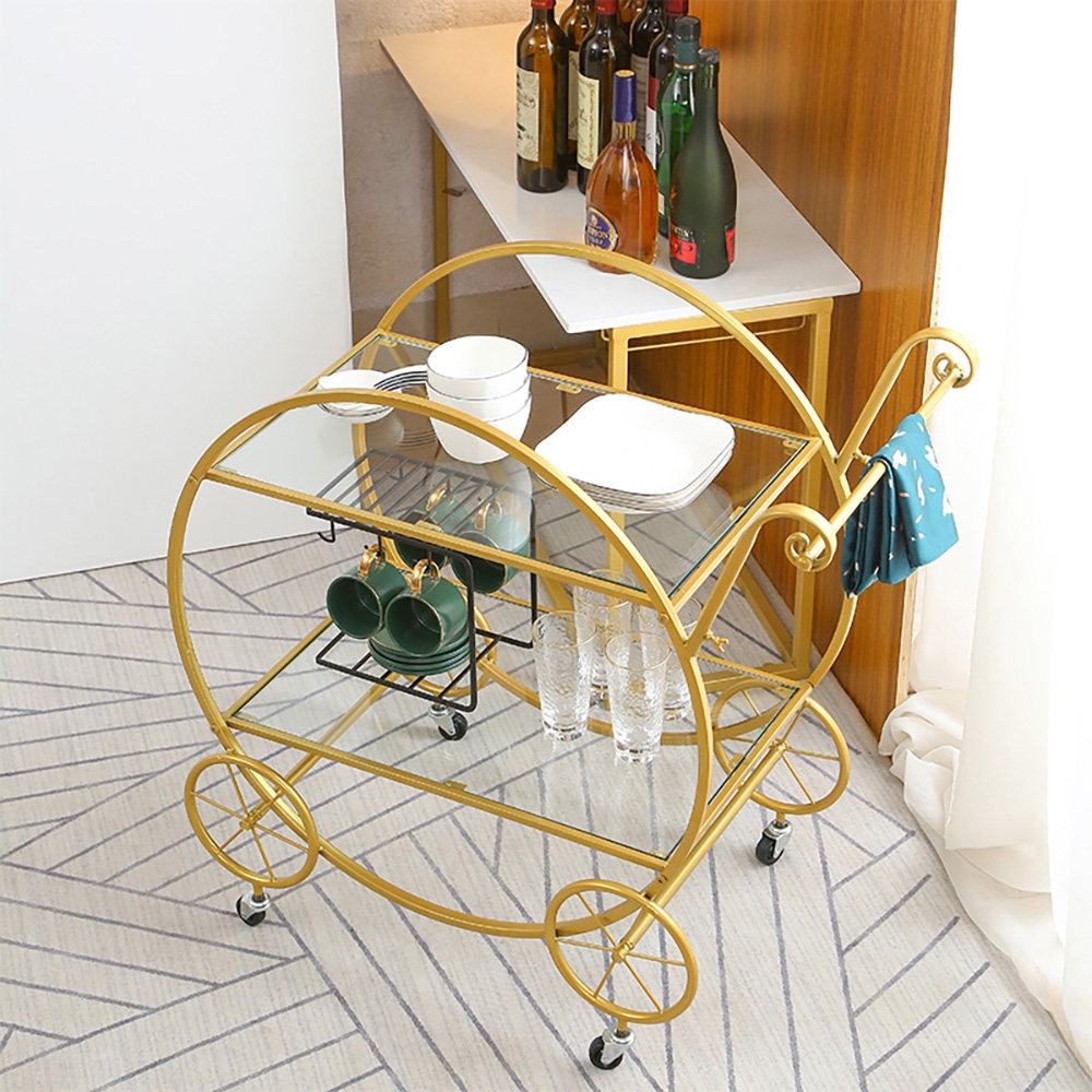 Nordic Gold 2-Tier Bar Cart on Wheels Clear Tempered Glass Top with Gold Handle window image
