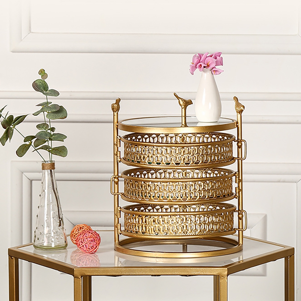 Round Hollow Makeup Organiser Jewelry Box with 3 Drawers window image