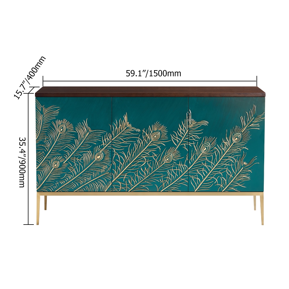 Novelty Green Sideboard Buffet Feather Patterned Cabinet with Shelves & Doors in Large window image