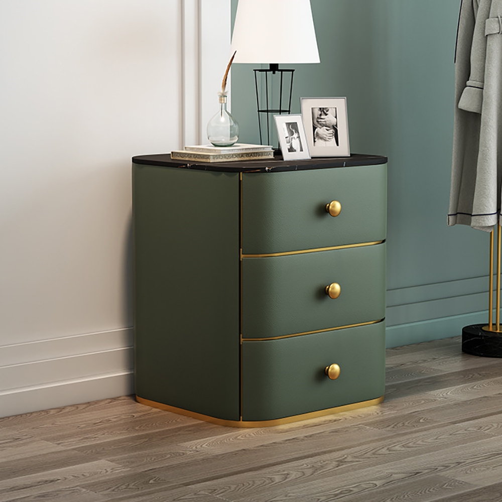 Modern Green Nightstand Black Sintered Stone Top Faux Leather Upholstery with 3 Drawers window image