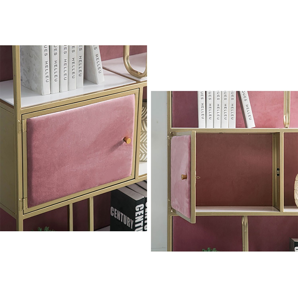 5-Tiers Freestanding Gold Bookshelf with Door in Pink window image
