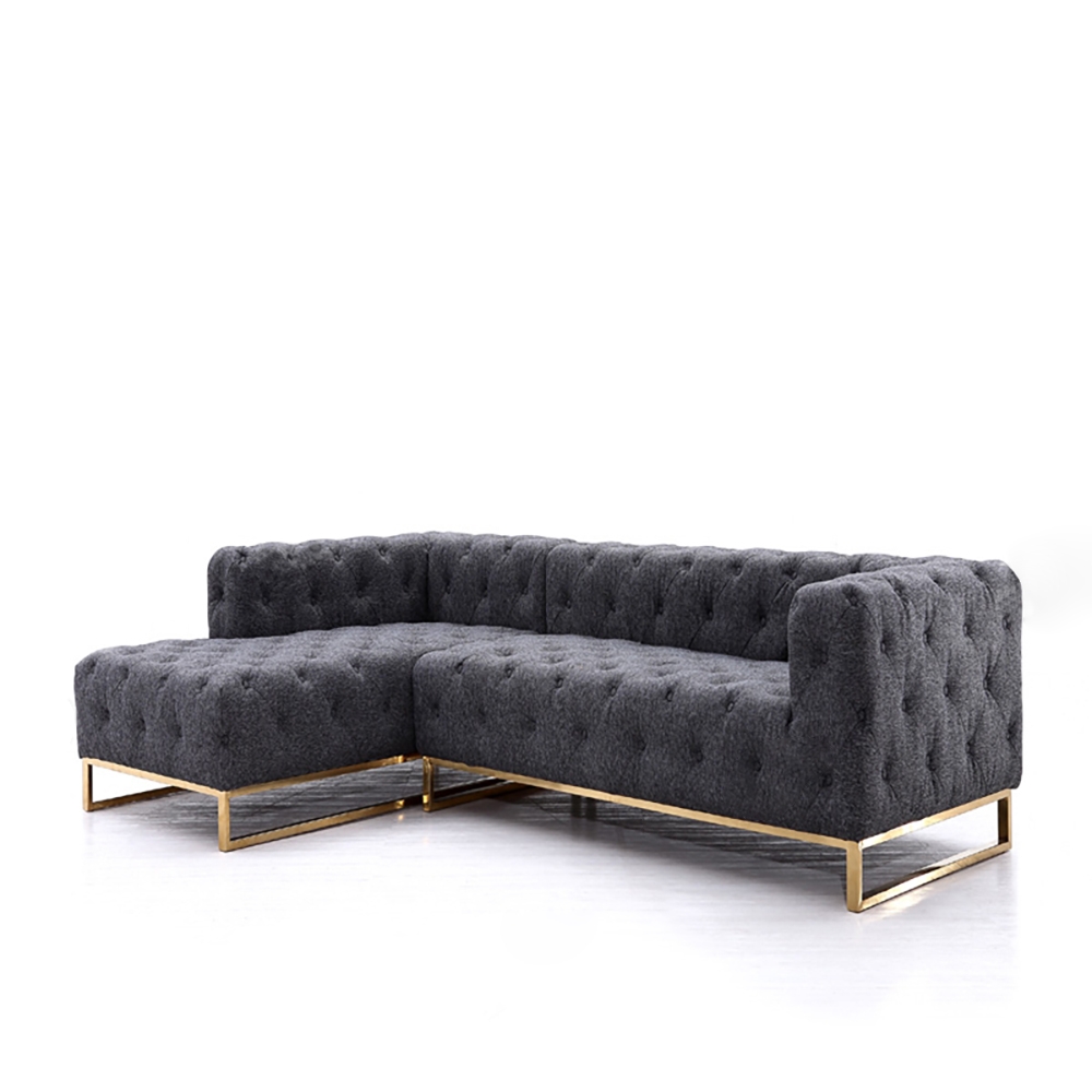 2400mm Modern Tufted Velvet Upholstered Sofa 3-Seater Sofa Grey Sectional in Gold Base window image