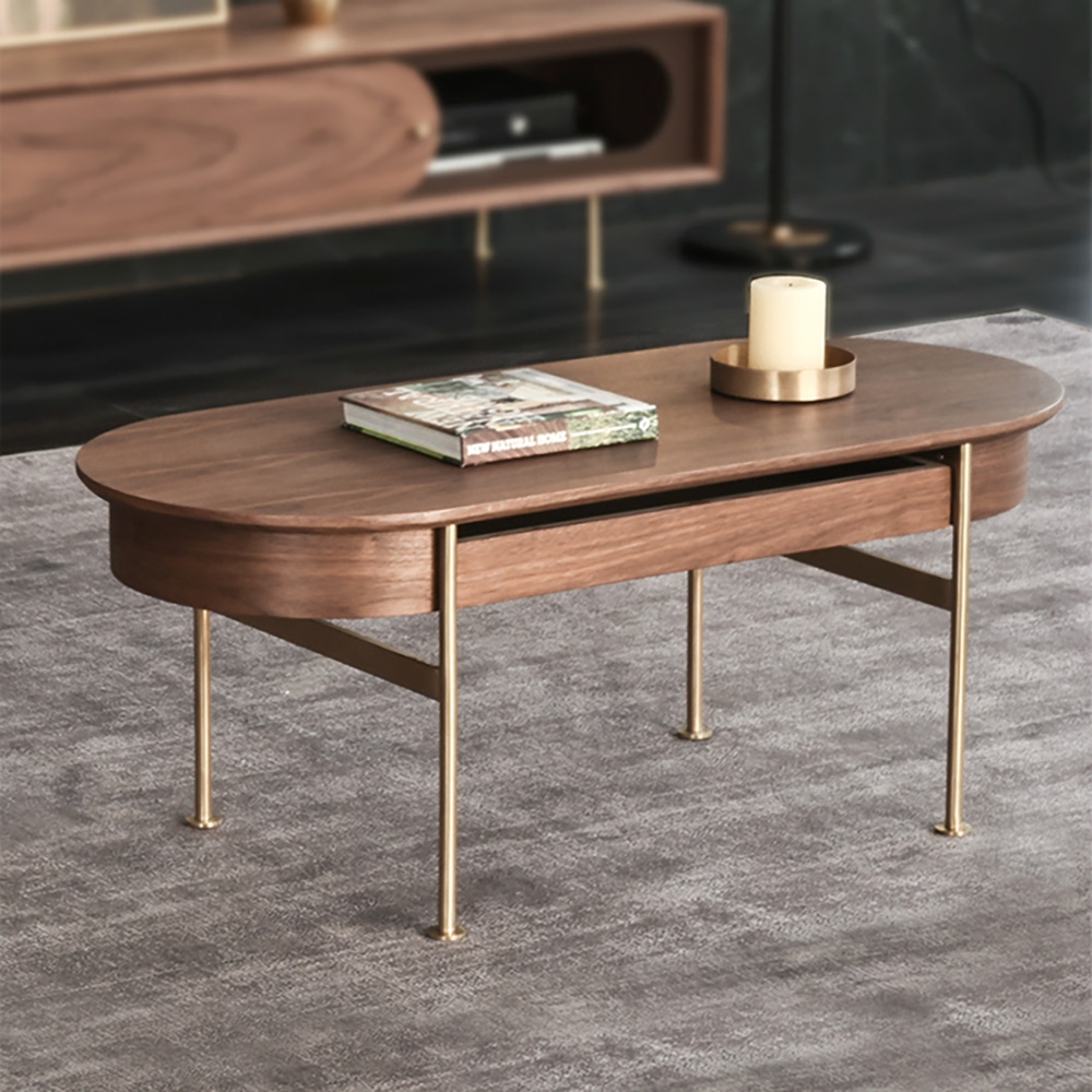 Walnut Oval Coffee Table with Drawer Wooden Top & Stainless Steel Legs window image
