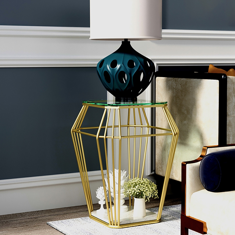 Modern End Table with Tempered Glass Top & Metal Frame in Gold Side Table window image
