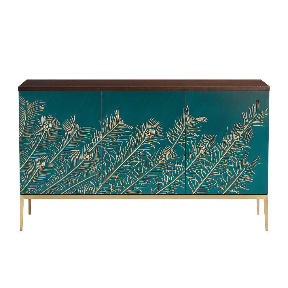 Novelty Green Sideboard Buffet Feather Patterned Cabinet with Shelves & Doors in Large window image