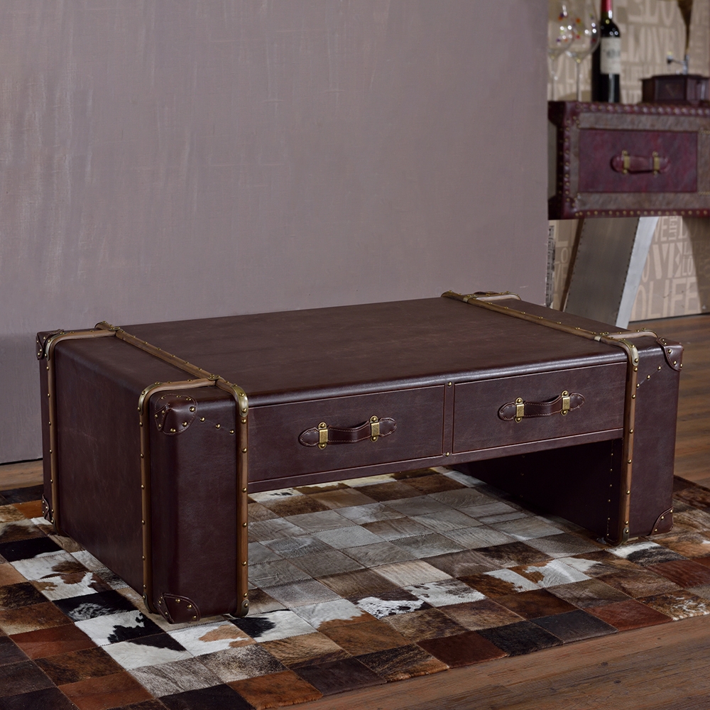 Industrial Retro Coffee Table with Drawers Accent Table with Brown Leather Edging window image