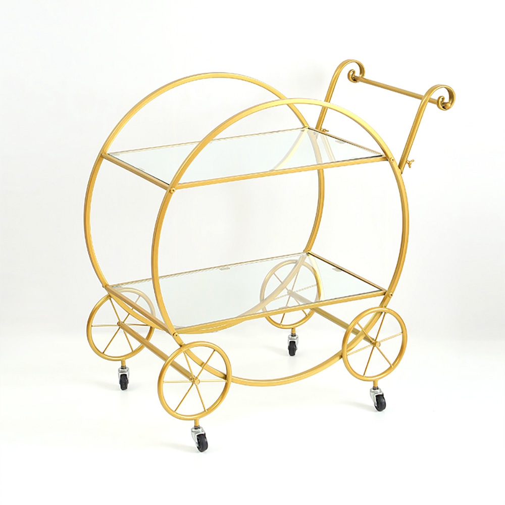 Nordic Gold 2-Tier Bar Cart on Wheels Clear Tempered Glass Top with Gold Handle window image
