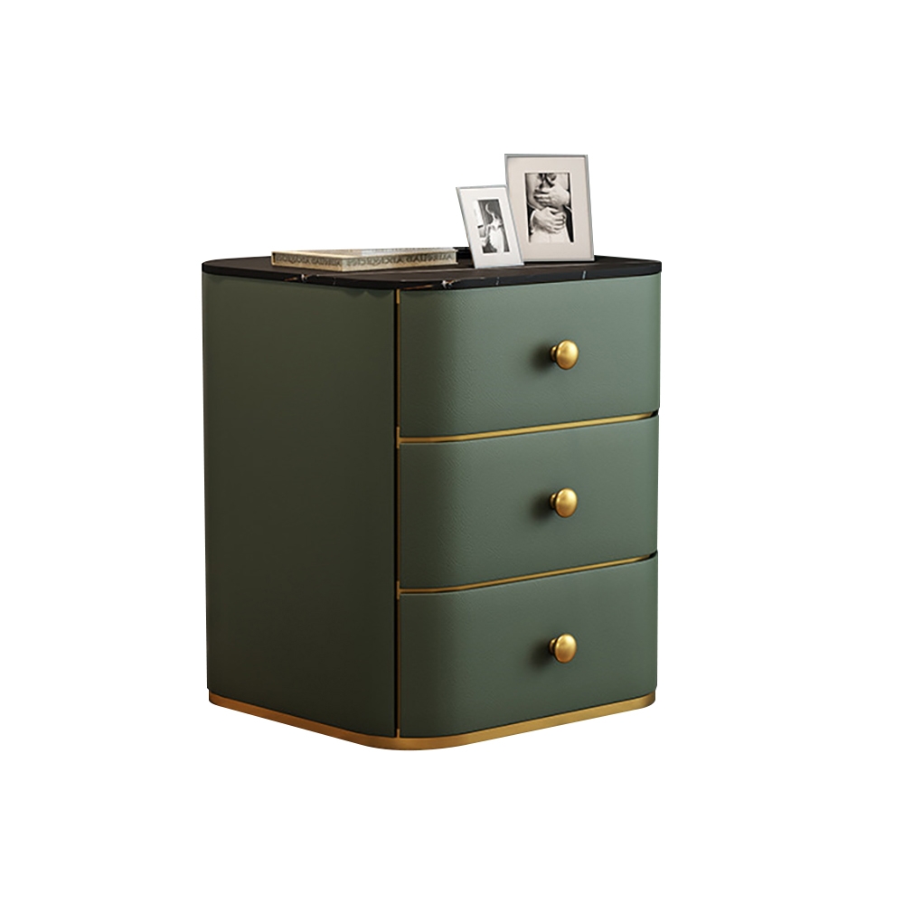 Modern Green Nightstand Black Sintered Stone Top Faux Leather Upholstery with 3 Drawers window image