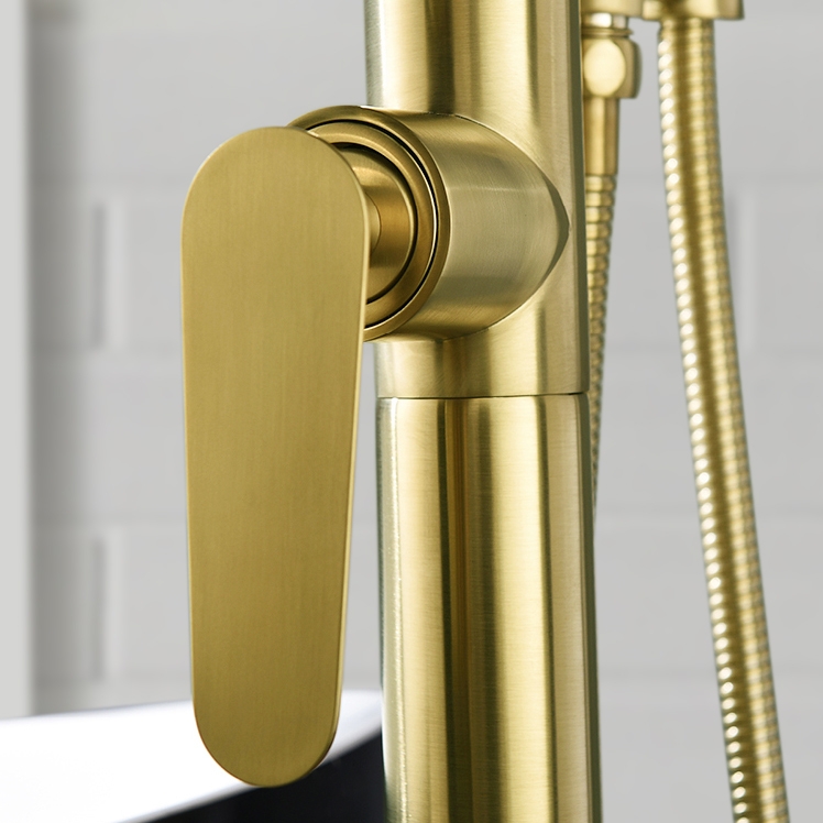 Modern Freestanding Tub Faucet Floor Mounted Tub Filler Swivel Spout with Handshower Brushed Gold Solid Brass window image