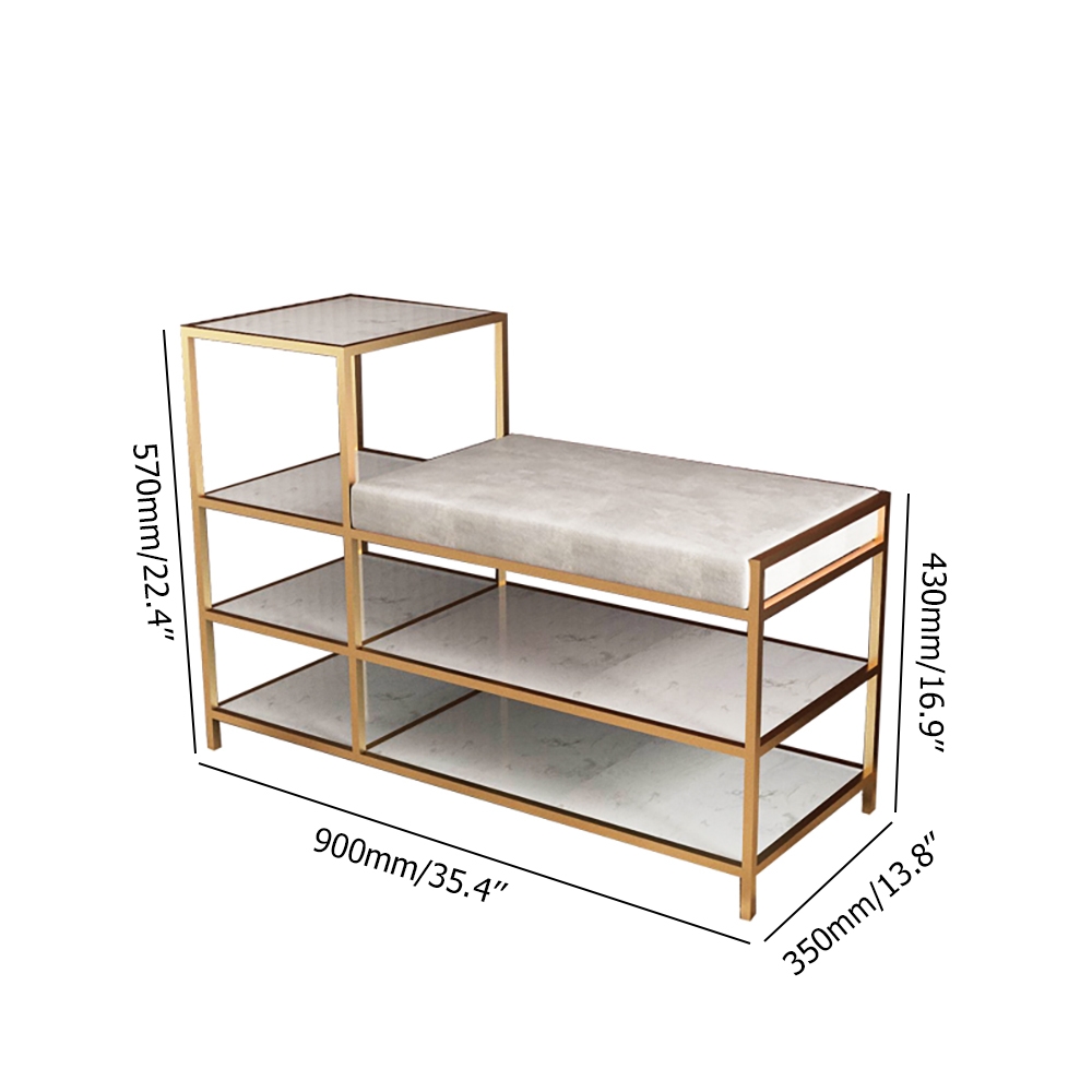 Velvet Upholstered 2-Tier Shoes Storage Stool in Gold Finish Modern Bench window image
