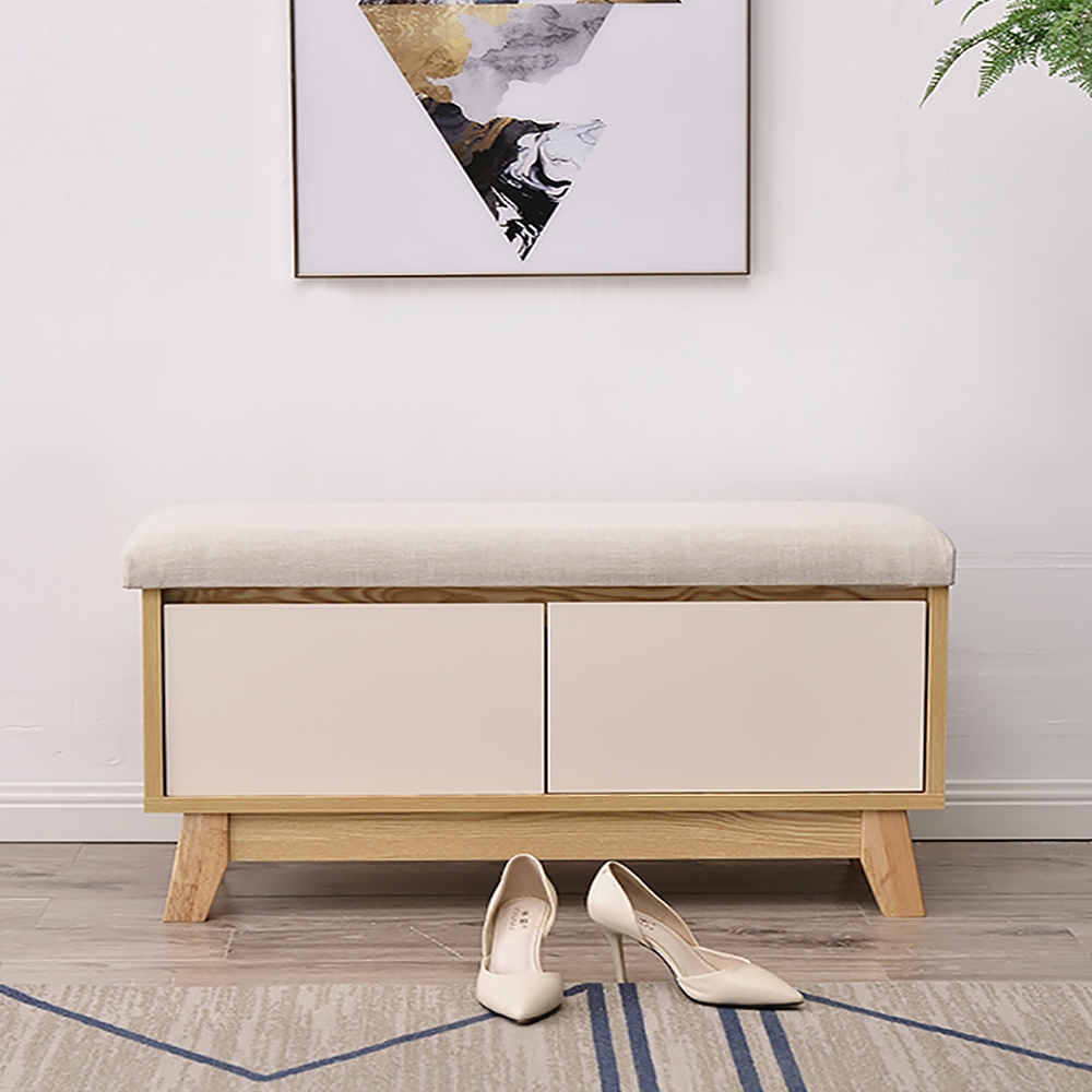 Farmhouse Upholstered Bench for Shoe Storage in Beige window image