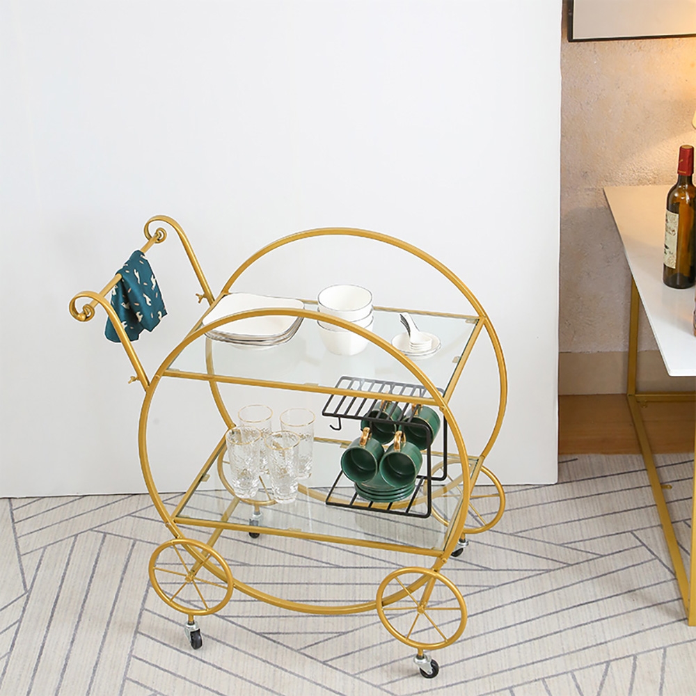 Nordic Gold 2-Tier Bar Cart on Wheels Clear Tempered Glass Top with Gold Handle window image