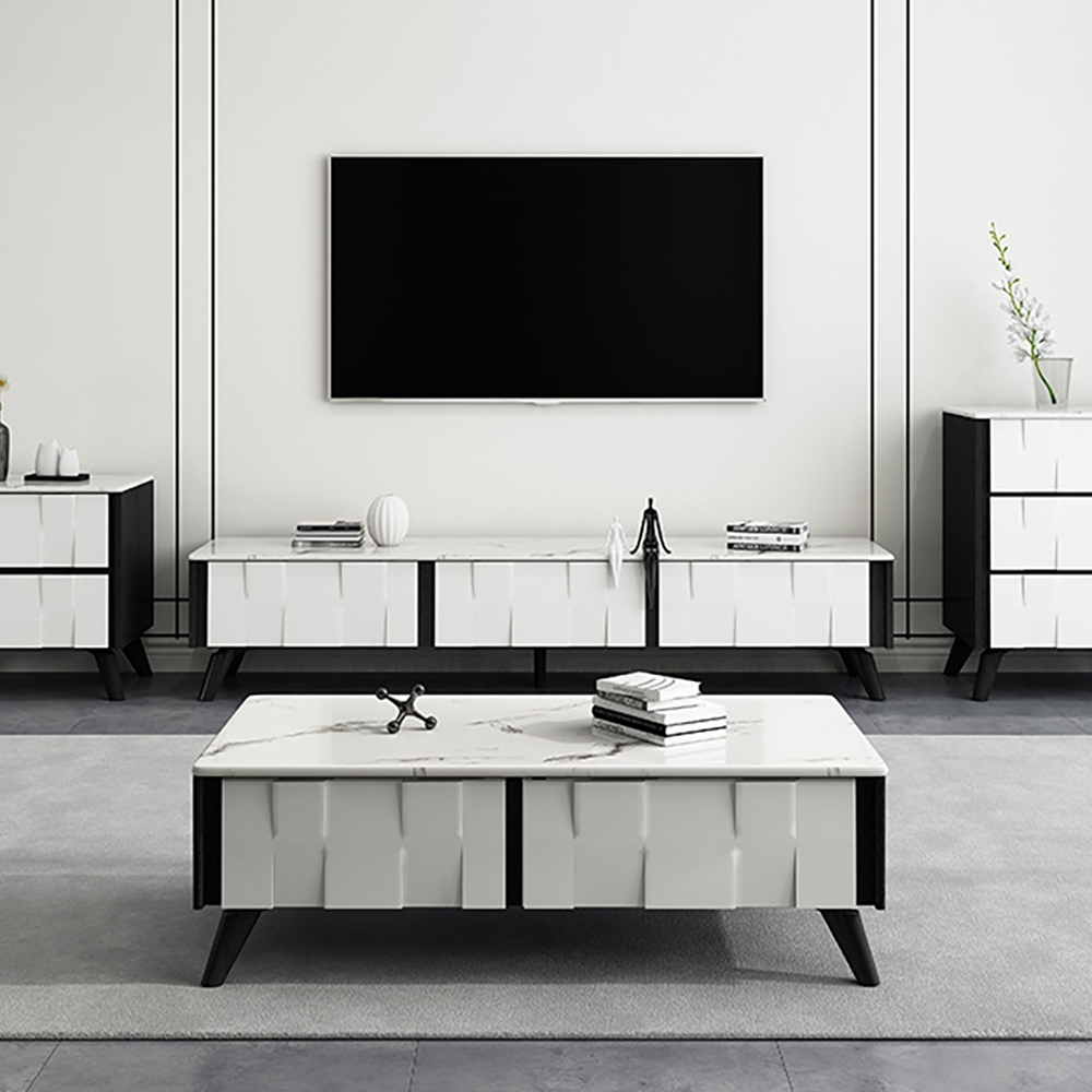 78" Italian TV Stand White Faux Marble Top Media Console with 3 Drawers window image