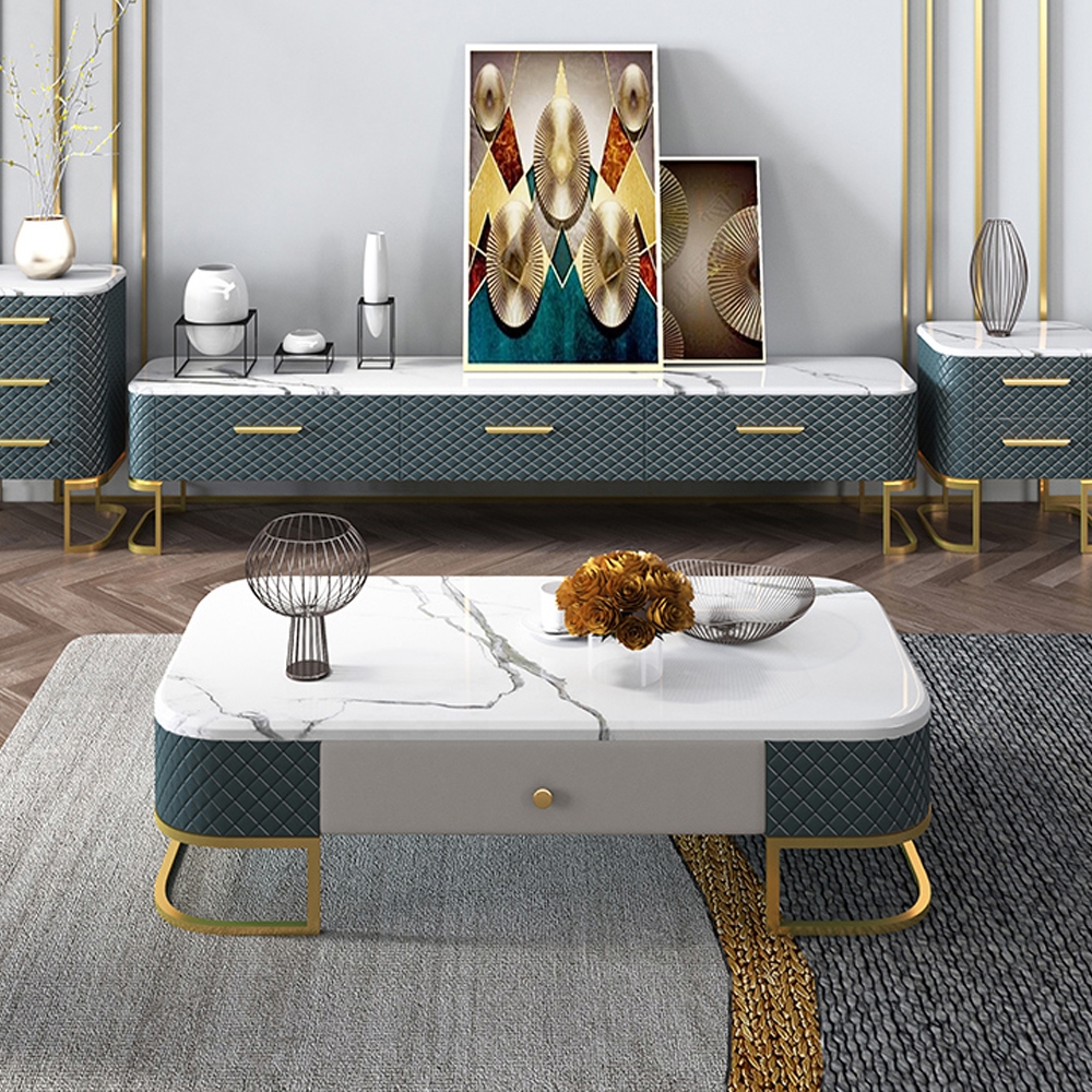 White Modern Marble Coffee Table with Drawers  PU Leather & Metal window image