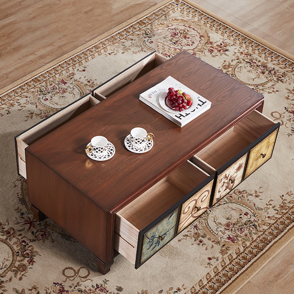 Farmhouse Wood Coffee Table with Drawers in Birch & MDF Mahogany Rustic window image