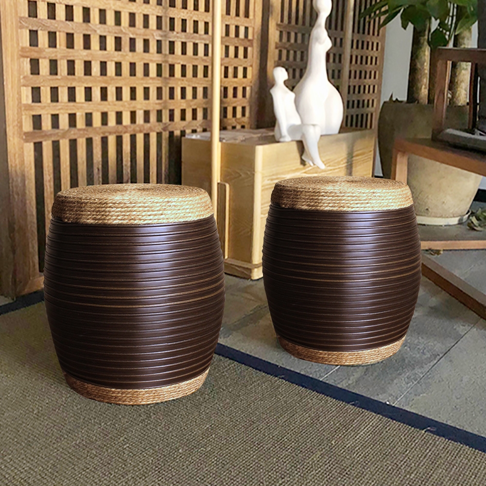 360mm Garden Stool Hemp&Brown Rattan Counter Stool Chinese Drum Shape window image