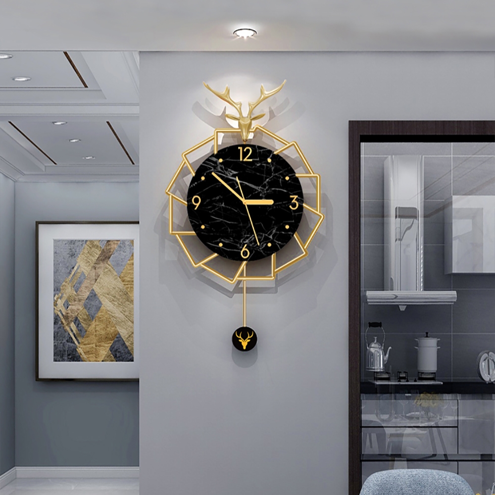 3D Brass Deer Head Wall Clock with Pendulum Metal Geometric Frame window image