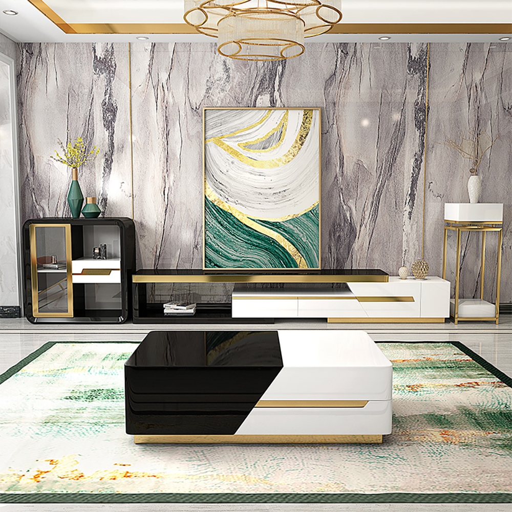 Black & White TV Stand Extendable Tempered Glass Top Media Console with Storage window image