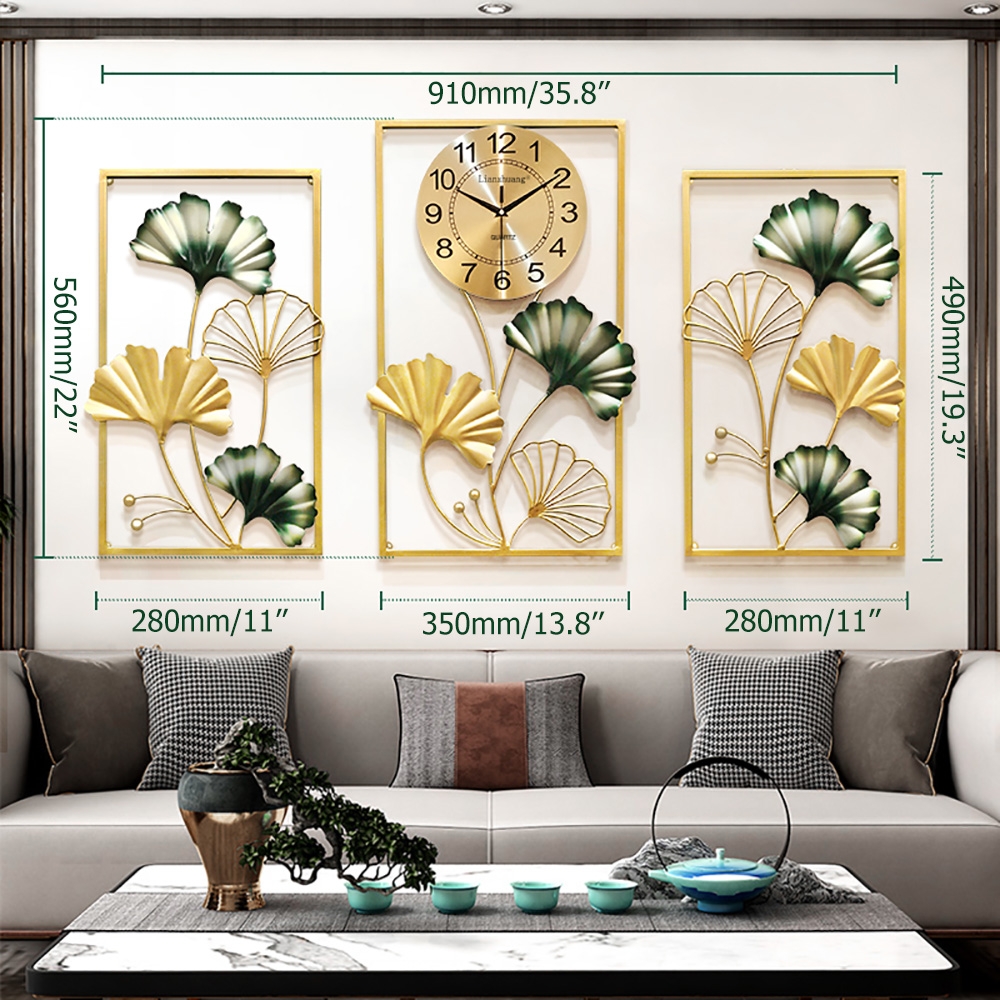 3-delige Ginkgo Leaves oversized metalen wandklok met geometrische rechthoekige frames Vensterafbeelding