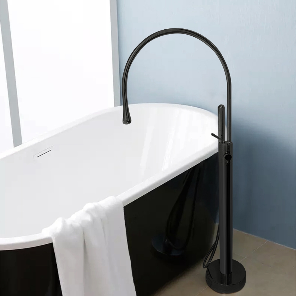 Chrome Freestanding Bathtub Filler Gooseneck Modern Bathtub Faucet Floor Mount with Handshower window image