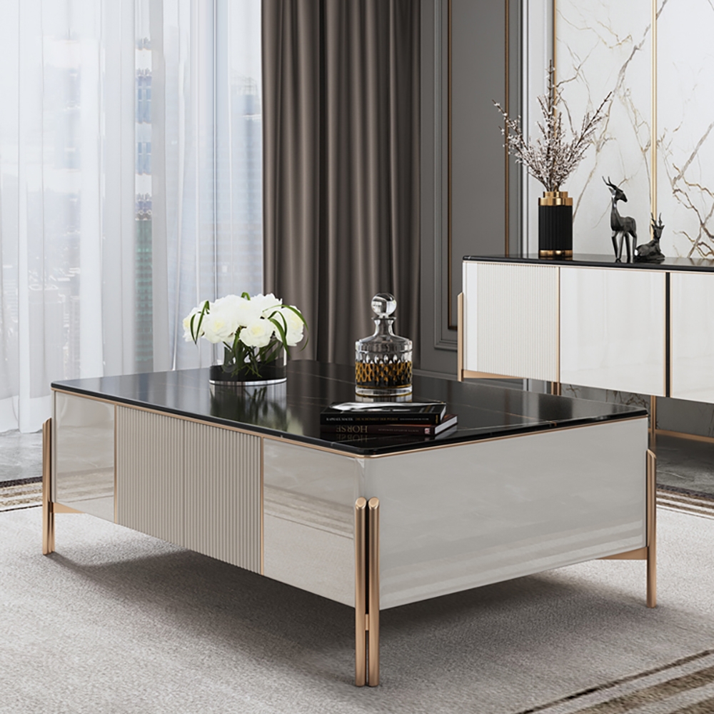 Modern Large Coffee Table with Storage Marble Top & Stainless Steel Legs window image