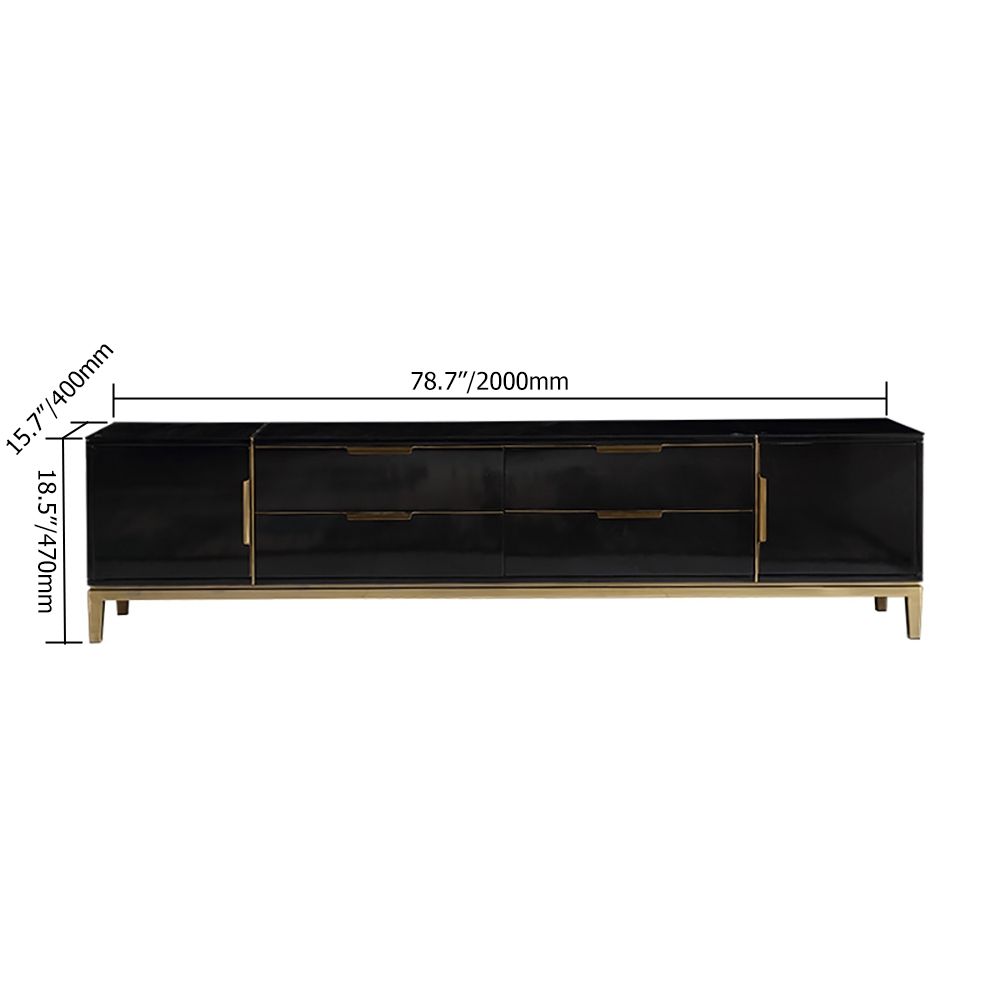 78" Black TV Stand  Modern Tempered Glass Top Drawers & Doors Media Console in Gold window image