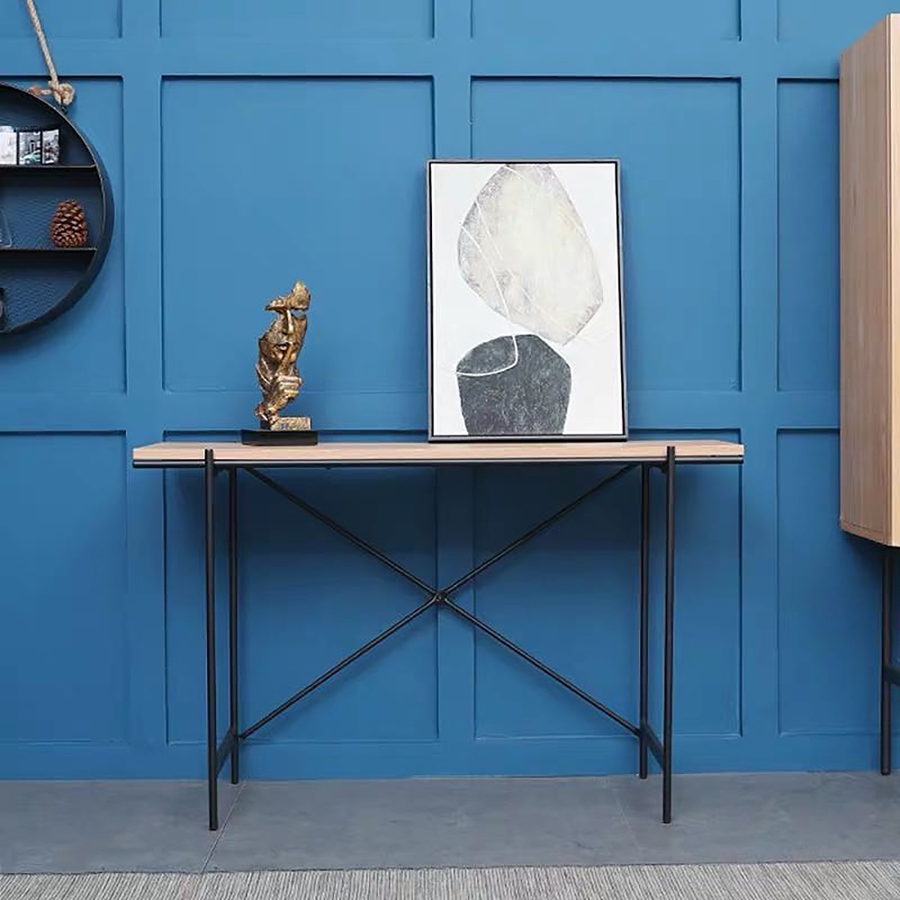 Modern Narrow Console Table with Oak Veneer Top & Metal Frame window image