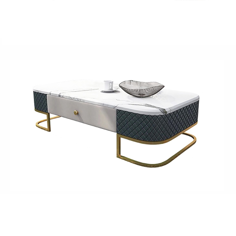 White Modern Marble Coffee Table with Drawers  PU Leather & Metal window image