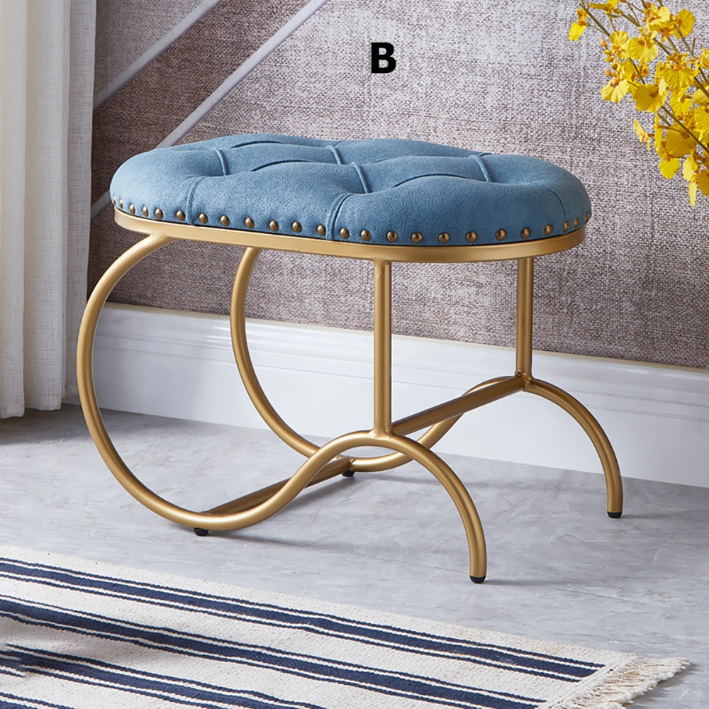 Blue Round Ottoman Tufted Upholstered Leath-aire Ottoman Stool Gold Base window image