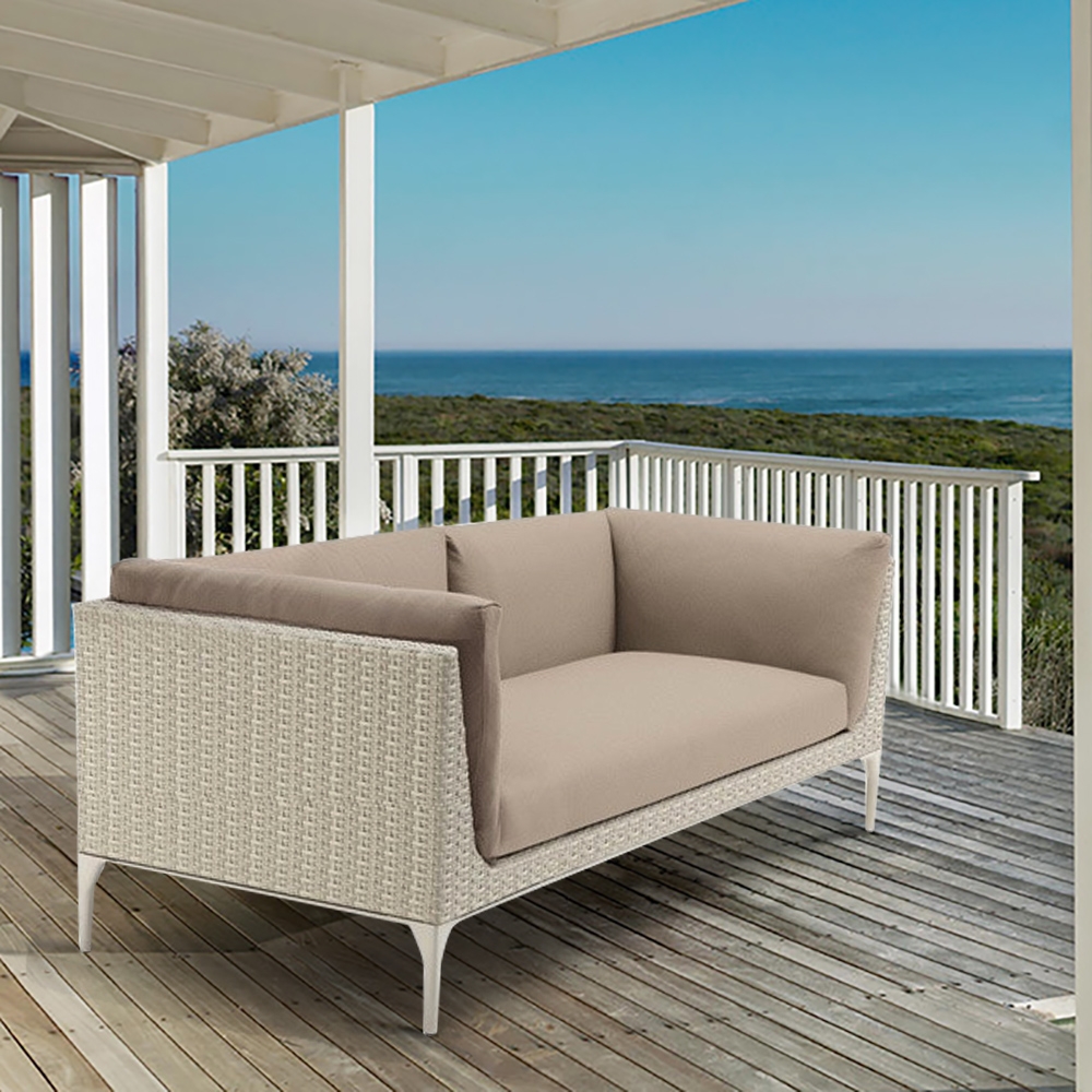 2-Seater Woven Rattan Outdoor Sofa with Square Arm Cushion Back window image