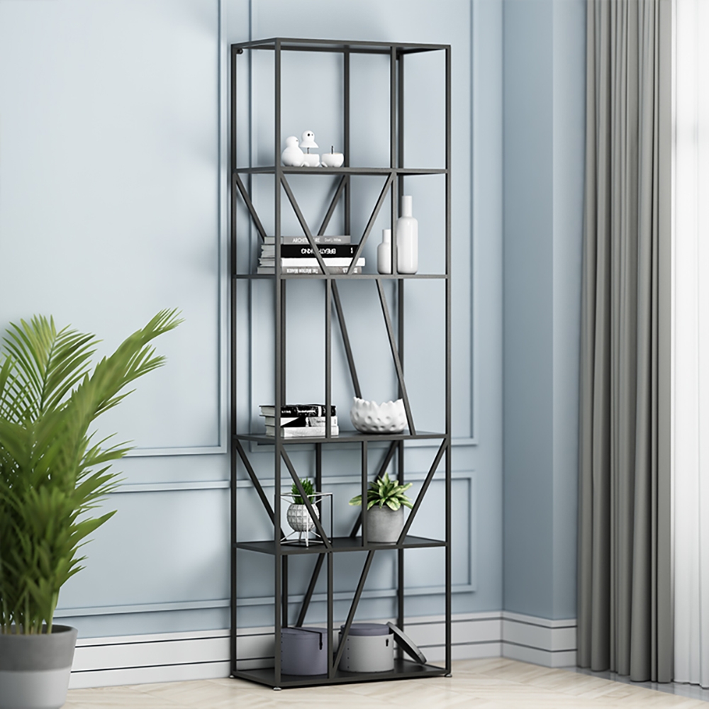 Black Modern Metal Geometric Bookshelf with 5-Tiered Shelving window image