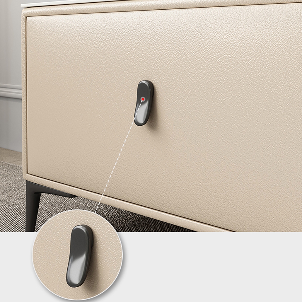 71" Beige TV Stand Sintered Stone 3-Drawer Microfiber Leather Upholstery Media Console window image