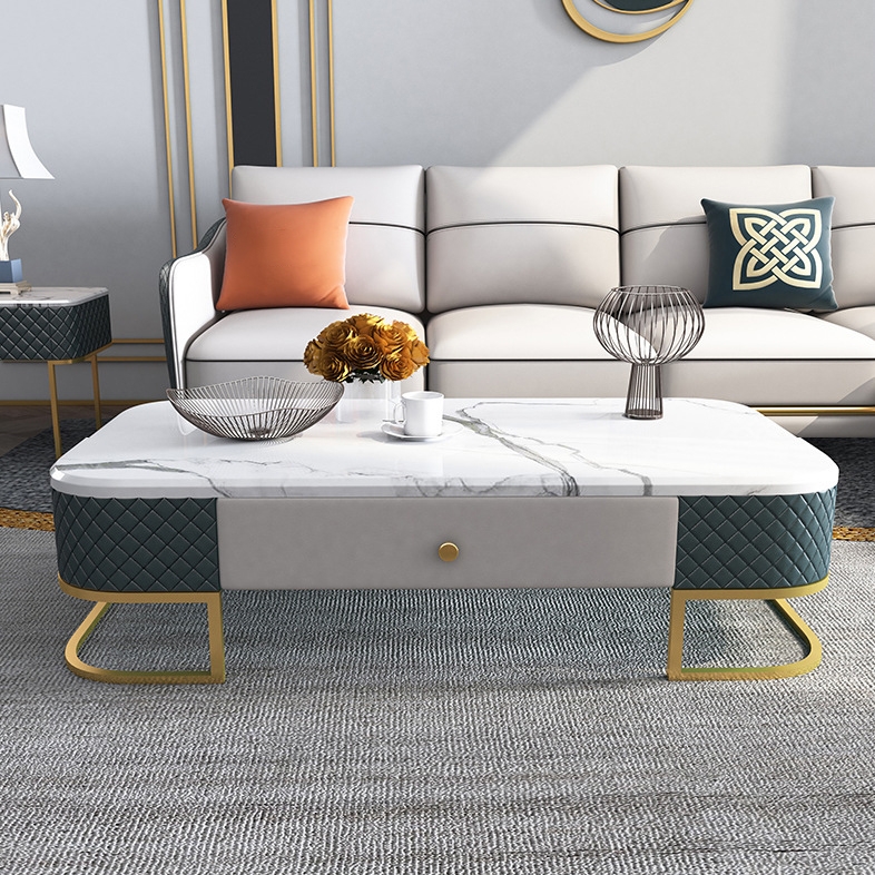 White Modern Marble Coffee Table with Drawers  PU Leather & Metal window image